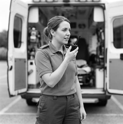 Médico de guardia junto a la unidad aparcada, con la radio en la mano